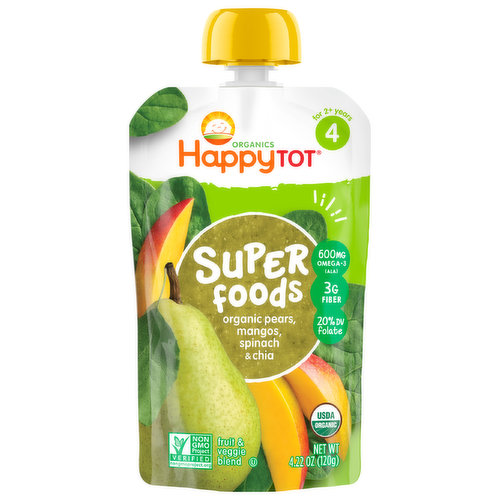 HappyTot Fruit & Veggie Blend, Organic Pears, Mangos, Spinach & Chia, Super Foods, 4 (2+ Years)