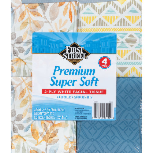 First Street Facial Tissue, White, Premium, Super Soft, 2-Ply, 4 Pack