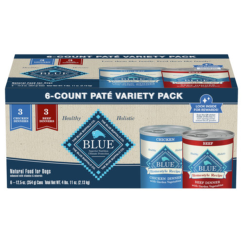 Blue Buffalo Food for Dogs, Natural, Chicken Dinner/Beef Dinner, Pate, Variety Pack