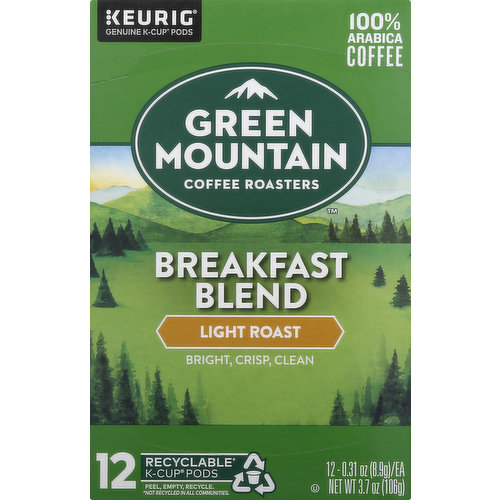 Green Mountain Coffee, 100% Arabica, Light Roast, Breakfast Blend, K-Cup Pods