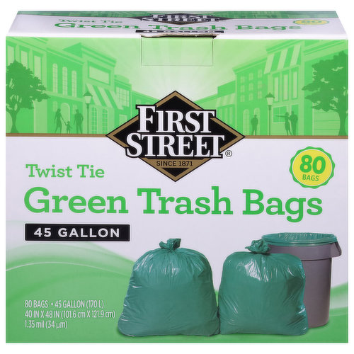 First Street Green Trash Bags, Twist Tie, 45 Gallon