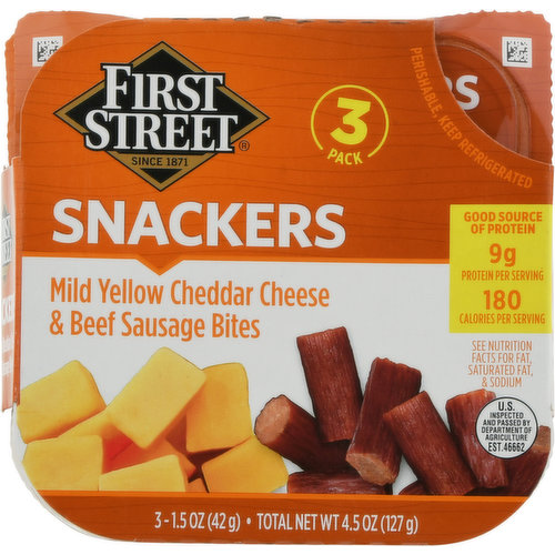 First Street Snackers, Mild Yellow Cheddar Cheese & Beef Sausage Bites, 3 Pack