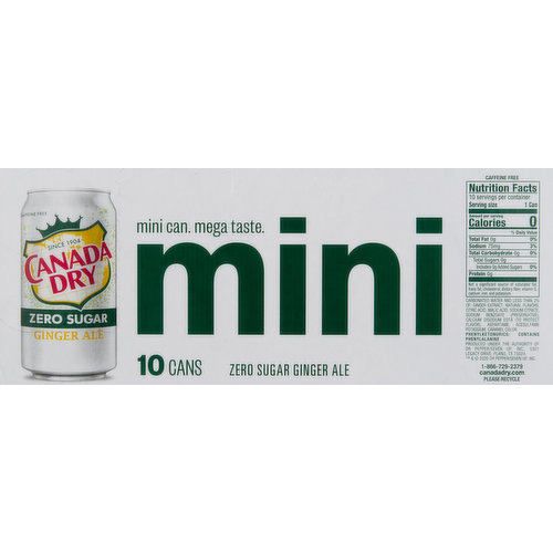 Canada Dry Ginger Ale, Zero Sugar, Mini, 10 Pack