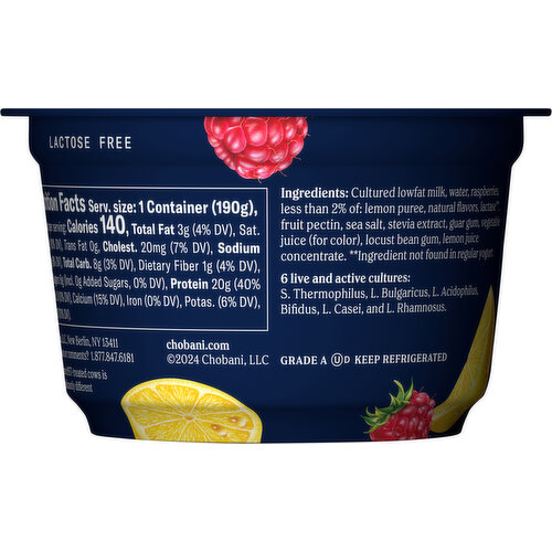 Chobani Zero Added Sugar Lowfat Raspberry Lemon Yogurt