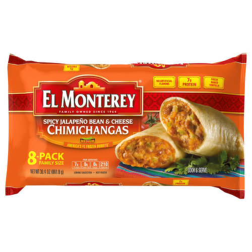 El Monterey Chimichangas, Spicy Jalapeno Bean & Cheese, Medium, Family Size, 8 Pack