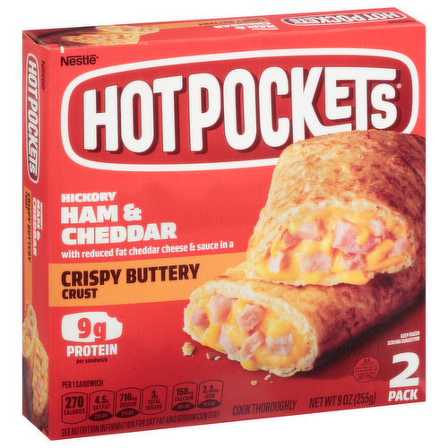 Hot Pockets Ham & Cheddar, Hickory, Crispy Buttery Crust, 2 Pack