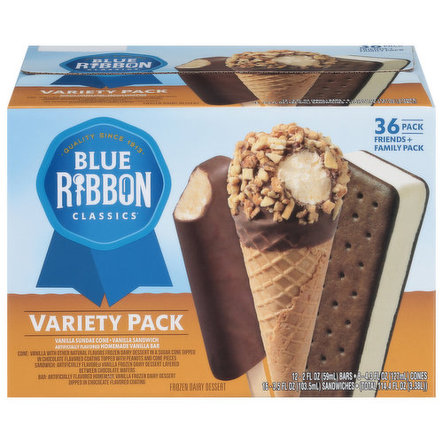Blue Ribbon Frozen Dairy Dessert, Variety Pack, 36 Pack