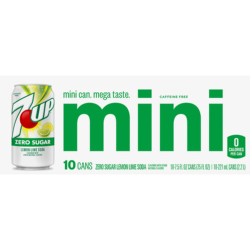 7-UP Soda, Zero Sugar, Lemon Lime, Mini, 10 Cans