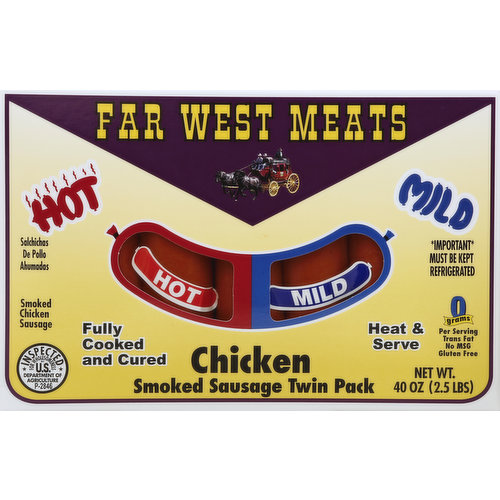 Far West Meats Chicken Sausage, Smoked, Hot/Mild, Twin Pack