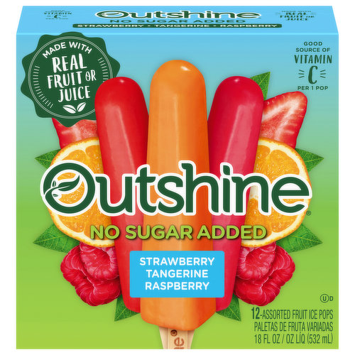 Outshine Fruit Ice Pops, No Sugar Added, Strawberry/Tangerine/Raspberry, Assorted