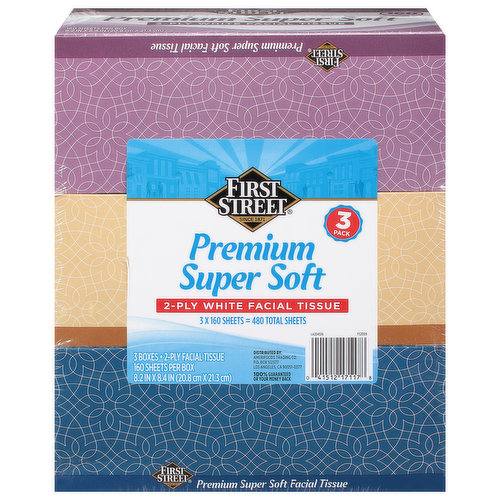 First Street Facial Tissue, White, Premium, Super Soft, 2-Ply, 3 Pack