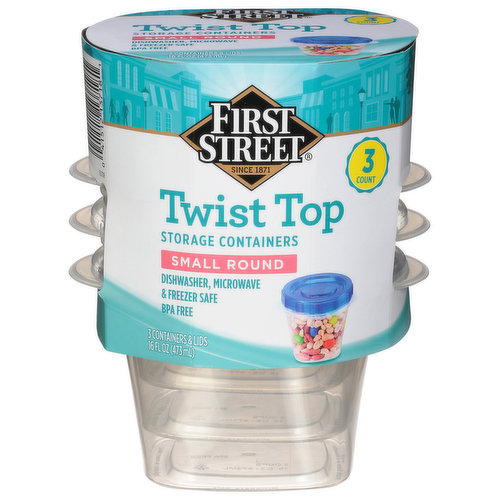 First Street Storage Containers, Small Round, Twist Top, 3 Count