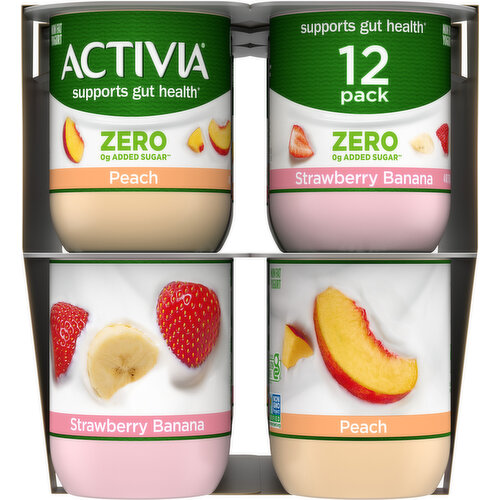 Activia Yogurt, Strawberry Banana/Peach, Non Fat, Zero Added Sugar