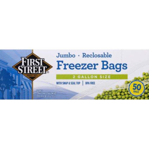 First Street Freezer Bags, Reclosable, Jumbo, 2 Gallon Size