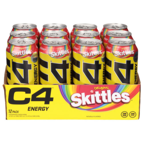 C4 Energy Drink, Performance, Zero Sugar, Original Skittles, 12 Pack
