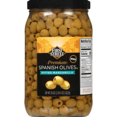 First Street Spanish Olives, Premium, Pitted Manzanilla