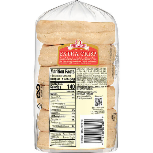 Oroweat Extra Crisp Plain English Muffins, 6 count, 12.5 oz