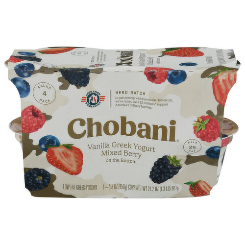 Chobani Yogurt, Greek, Low-Fat, Mixed Berry on the Bottom, Vanilla, Value 4 Pack