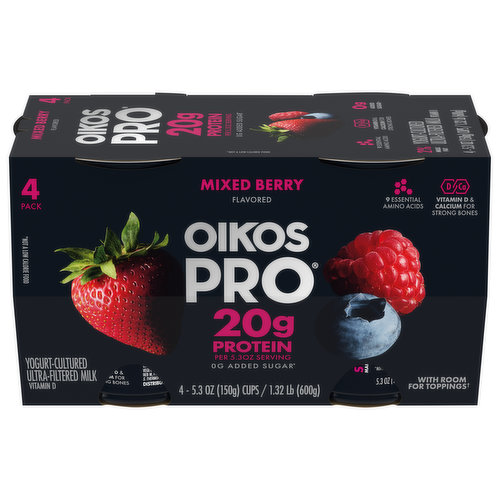 Oikos Pro Yogurt, Cultured, Ultra-Filtered Milk, Mixed Berry Flavored, 4 Pack