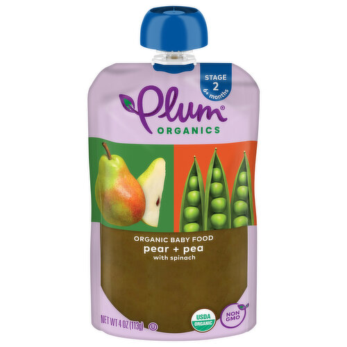 Plum Organics Stage 2 Organic Baby Food Pear + Pea with Spinach 4oz Pouch