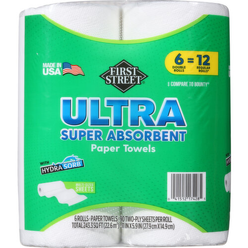 First Street Paper Towels, Super Absorbent, Double Rolls, Two-Ply