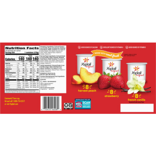Yoplait Low Fat Harvest Peach/Strawberry/French Vanilla Yogurt