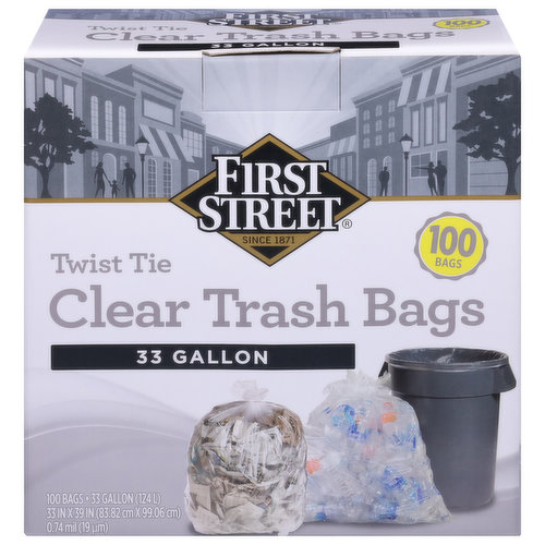 First Street Clear Trash Bags, Twist Tie, 33 Gallon