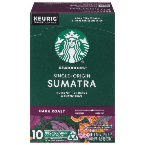 Starbucks Coffee, Ground, Dark Roast, Single-Origin, Sumatra, K-Cup Pods