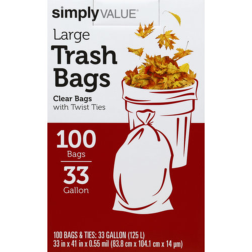 Simply Value Trash Bags, Twist Ties, Large, 33 Gallon
