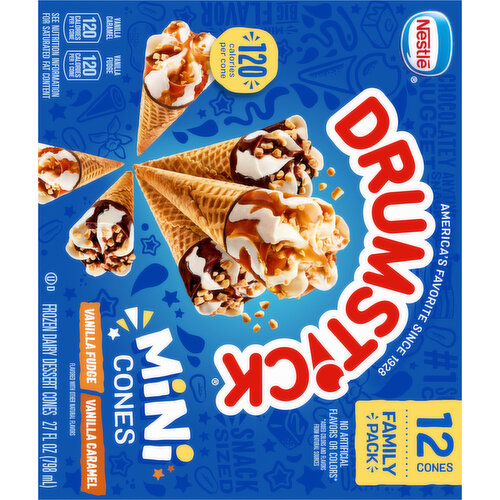 Drumstick Vanilla Fudge/Vanilla Caramel Mini Frozen Dairy Dessert Cones Family Pack