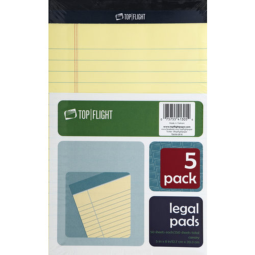 Top Flight Legal Pads, Canary, 5 Pack