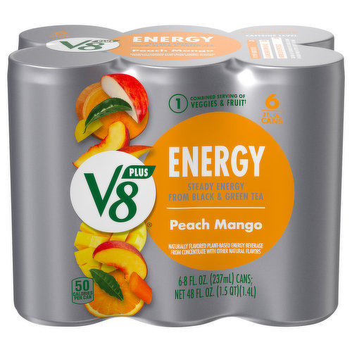 V8 Energy Beverage, Plant-Based, Peach Mango
