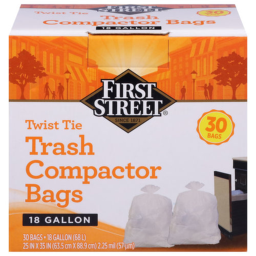 First Street Trash Compactor Bags, Twist Tie, 18 Gallon