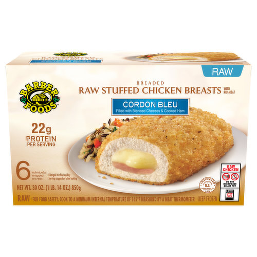 Barber Foods Chicken Breasts, Raw Stuffed, Breaded, Cordon Bleu