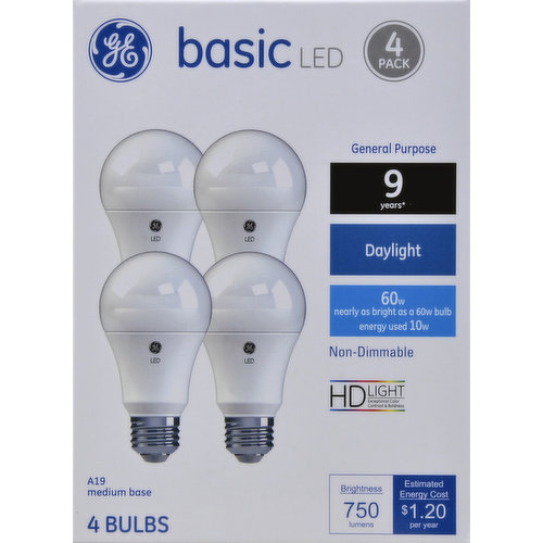 GE Light Bulbs, LED, Daylight, 10 Watts, 4 Pack