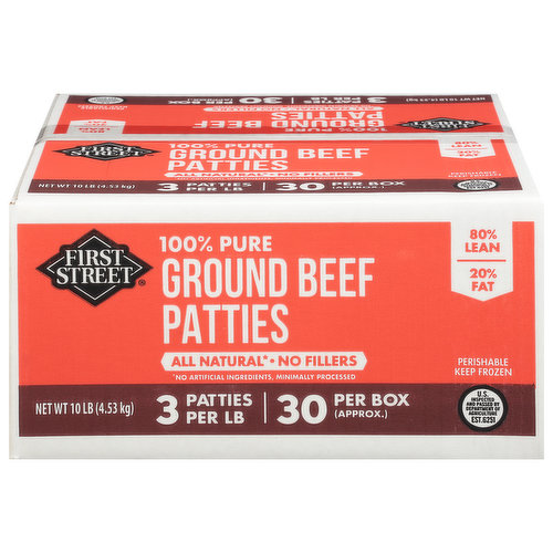 First Street Ground Beef Patties, 100% Pure, 80%/20%