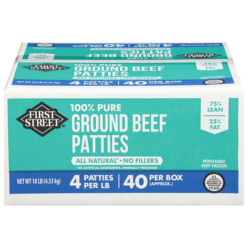 First Street Ground Beef Patties, 100% Pure, 75%/25%