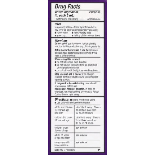 Allegra Liquid Non-Drowsy Children's Berry Flavor 30 mg/5 mL Allergy