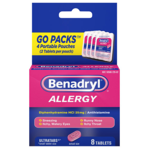 Benadryl Allergy, 25 mg, Ultratabs, Go Packs, Tablets