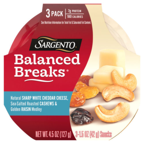 Sargento Balanced Breaks, Sharp White Cheddar/Cashews/Raisin Medley, 3 Pack