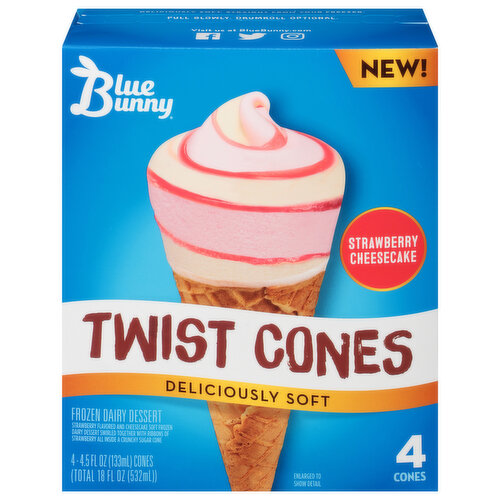 Blue Bunny Frozen Dairy Dessert, Strawberry Cheesecake, Twist Cones