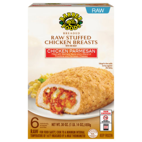 Barber Foods Chicken Breasts, with Rib Meat, Raw Stuffed, Chicken Parmesan, Breaded