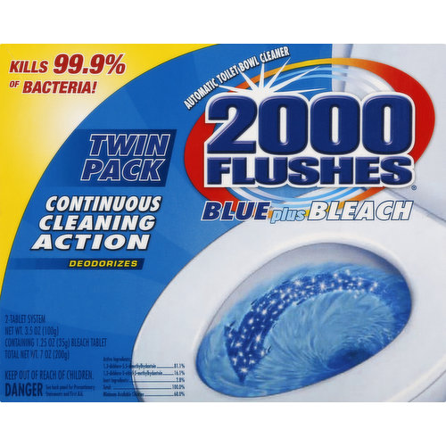 2000 Flushes Toilet Bowl Cleaner, Automatic, Blue Plus Bleach, Twin Pack