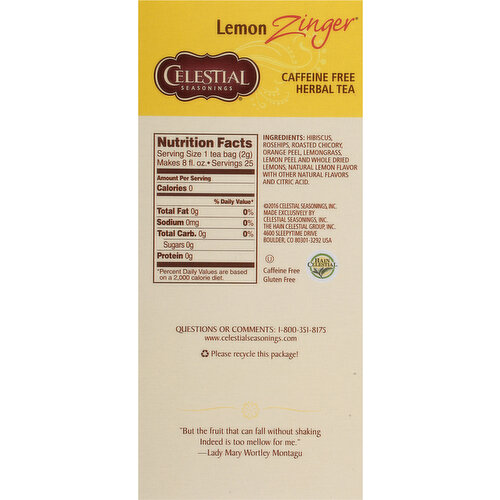 Celestial Seasonings Herbal Tea, Caffeine Free, Lemon Zinger, Tea Bags