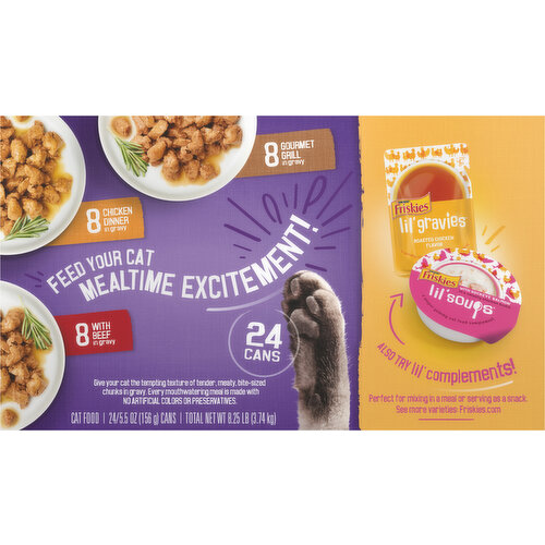 Friskies Cat Food, Gourmet Grill in Gravy/Chicken Dinner in Gravy/with Beef in Gravy