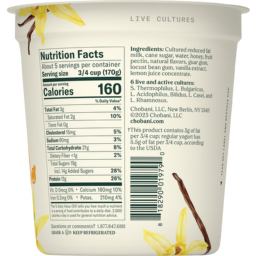 Chobani Yogurt, Greek, Reduced Fat, Honey Vanilla, Blended