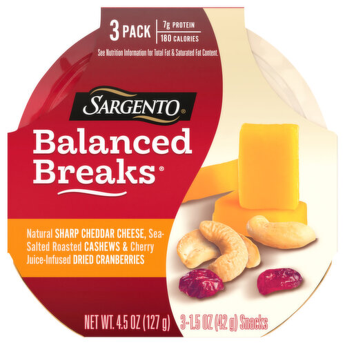 Sargento Balanced Breaks, Sharp Cheddar/Cashews/Dried Cranberries, 3 Pack