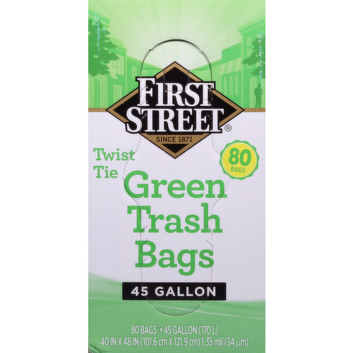 First Street Green Trash Bags, Twist Tie, 45 Gallon