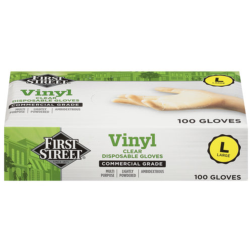 First Street Gloves, Disposable, Clear, Vinyl, Large