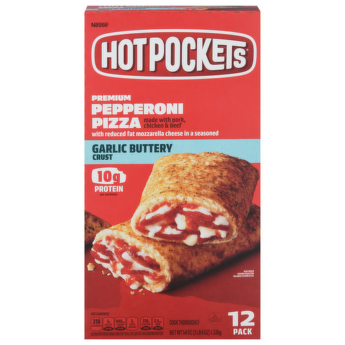 Hot Pockets Sandwiches, Premium Pepperoni Pizza, Garlic Buttery Crust, 12 Pack